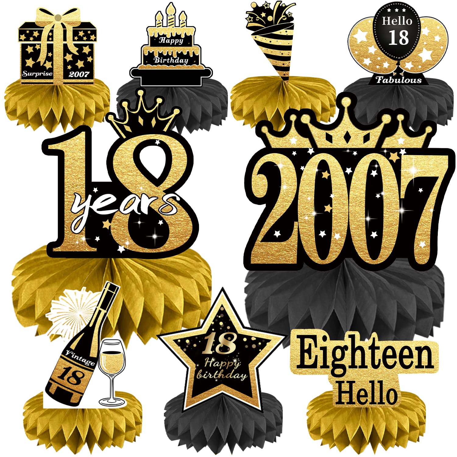 Photo 1 of 18th Birthday Decorations Set, 2007 Table Toppers for Girls Boys Birthday Party Supplies, Happy 18 Year Old Table Decoration for Daughter Son, 9Pcs Black & Gold Honeycomb Centerpieces