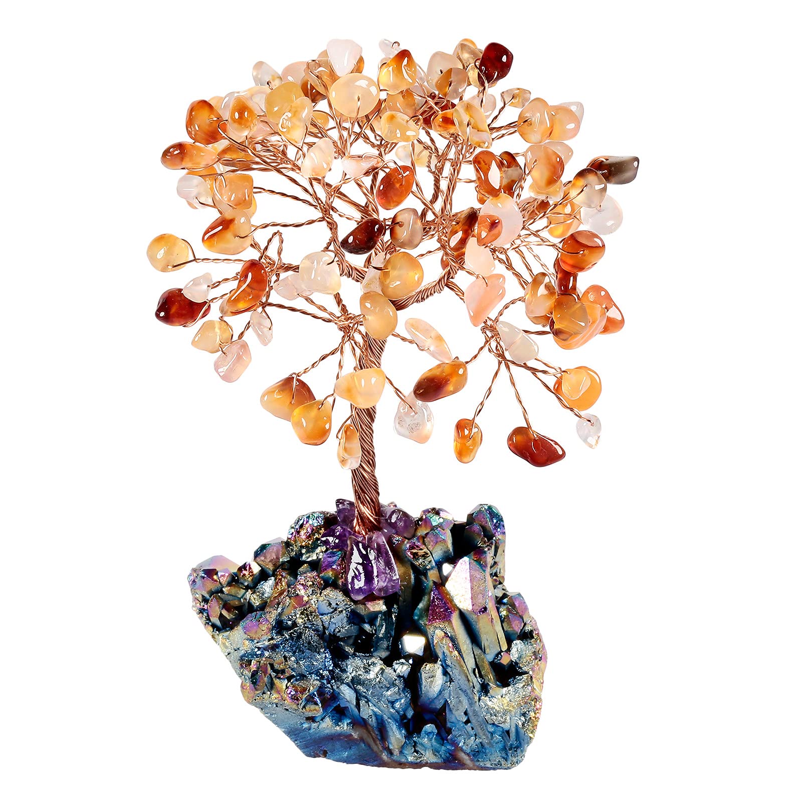Mookaitedecor Carnelian Money Tree with Titanium Rainbow Aura Quartz Base - Colourful Room Decor, Bonsai Crystal Tree of Life Reiki Spiritual Gift