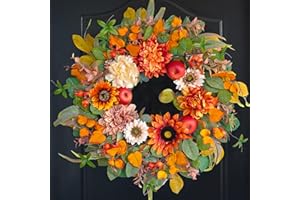 PURECOSY Fall Wreath 24 Inch Fall Wreaths for Front Door Autumn Wreath with Artificial Apples, Dahlias & Sunflowers Outdoor or Indoor Autumn Wreaths for Front Door Decor