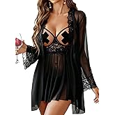 Avidlove Sexy 3 Piece Lingerie Set Mesh Strap Babydoll and Lace Kimono Robe with Lace Thong