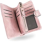 SNCCJ RFID Wallets for Women, Large Capacity Faux Suede Leather Small Womens Wallet with Wristlet (Pink)