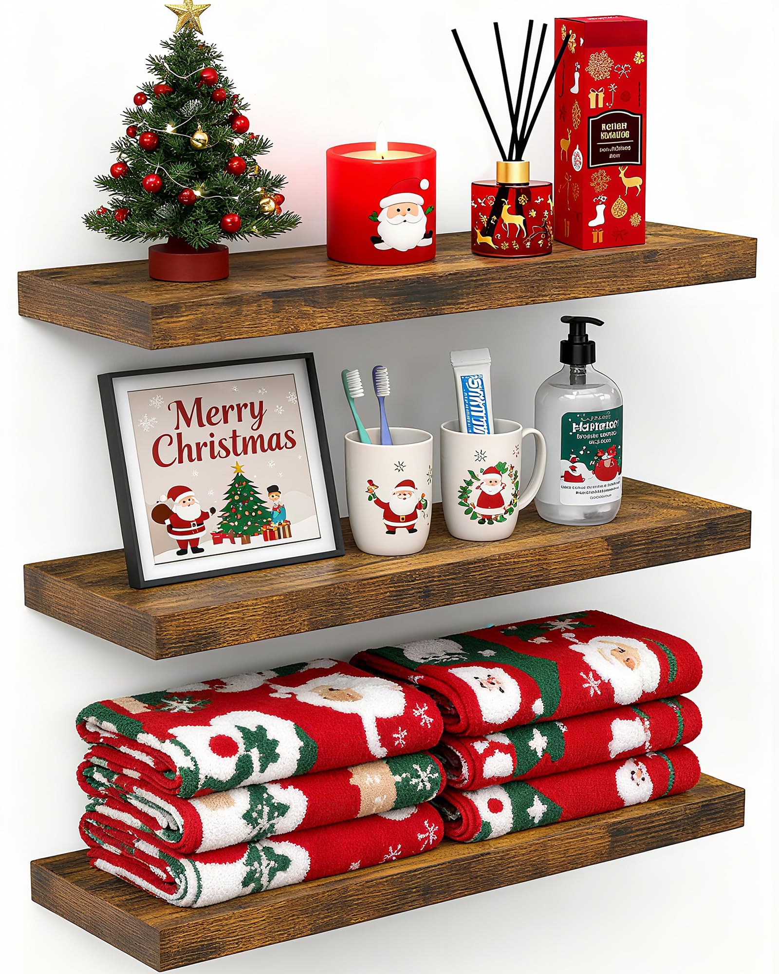 Photo 1 of ** factory sealed **
BAYKA Floating Shelves Bathroom for Wall – Shelf Over Toilet Farmhouse Rustic Wood for Bedroom, Kitchen, or Living Room Decor Organization, Christmas Decor Shelves – Rustic Brown, Set of 3
