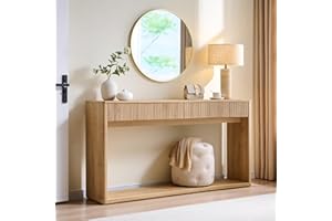 OKD 63" Fluted Console Table for Entryway, Modern Entryway Table with 2 Large Drawers, Long Sofa Table Behind Couch for Living Room, Hallway, Couch, Foyer，Natural Oak