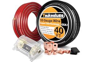 TAUKEALUGS 1/0 Gauge Battery Cable Wire Copper Clad Aluminum CCA Amp Wiring Kit 40FT Black/Red for Automotive Power Ground,Car Audio Speaker,Inverter Truck with 250A ANL Fuse Holder Lug Terminal Heat Shrink Tube