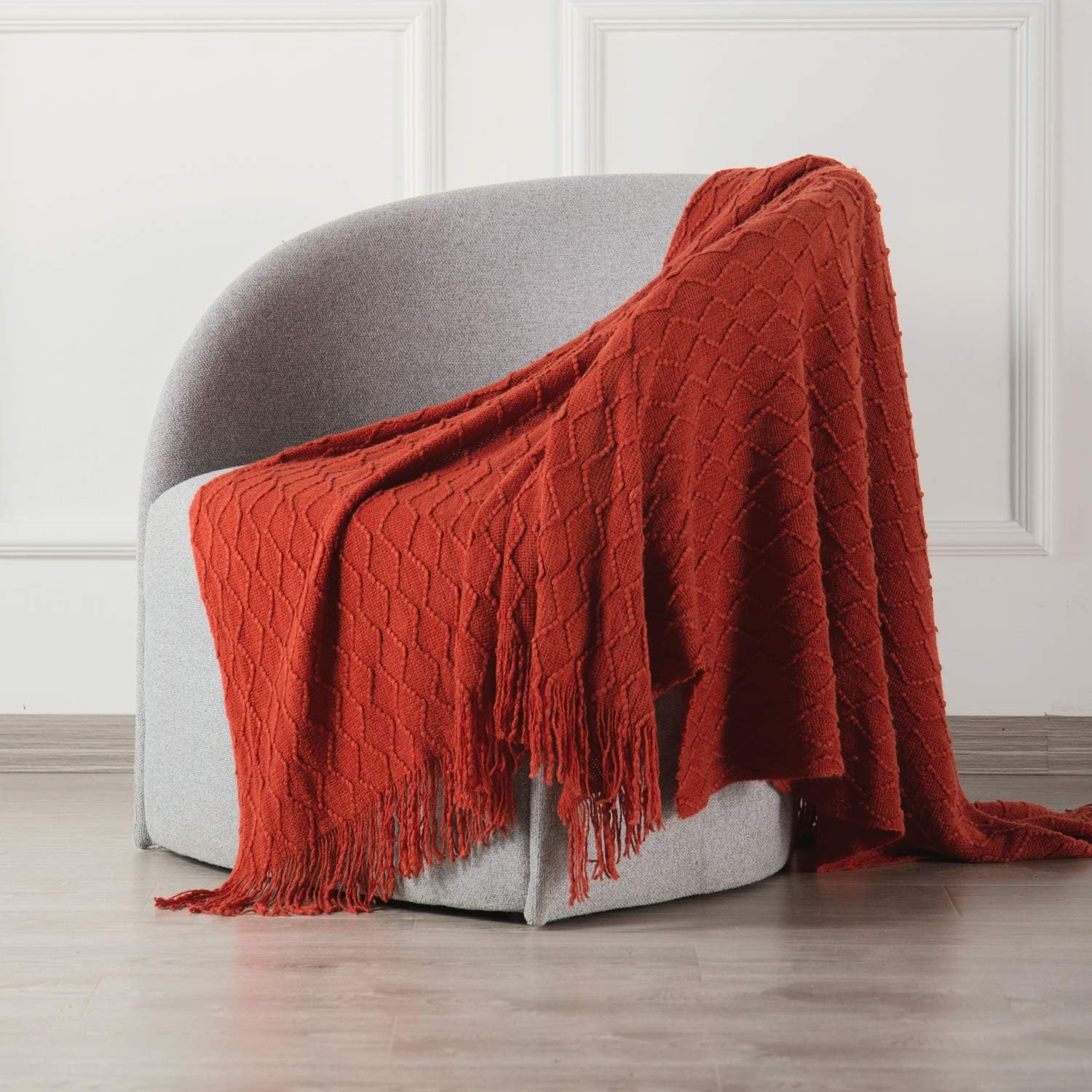 SPAOMY Throw Blanket, Knit Blanket with Tassels, Textured Cozy Lightweight Decorative Throw Blanket for Couch, Bed, Sofa, Travel- All Seasons (50x60 Inch, Rust): Kitchen & Dining