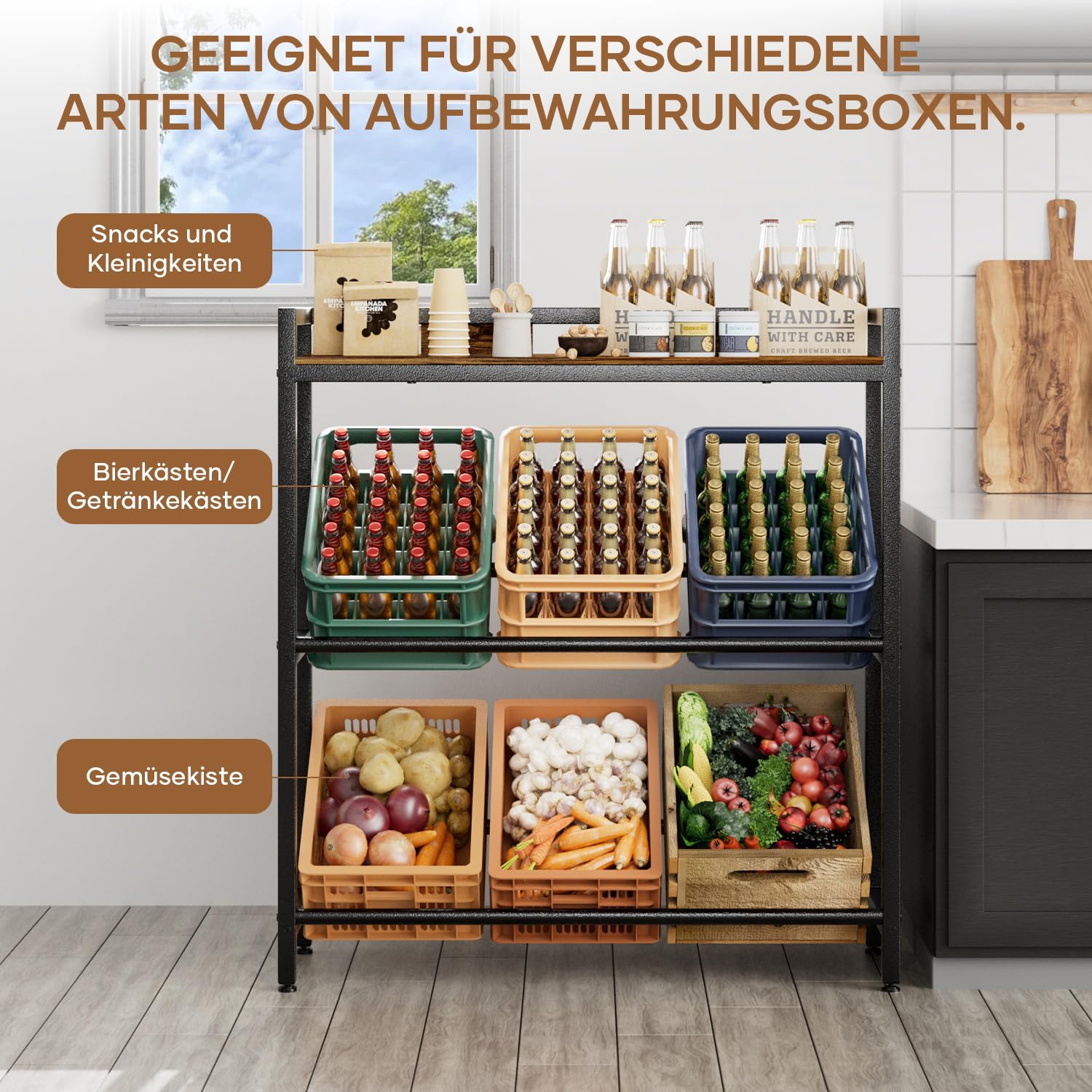 Getränkekistenregal 6 Kisten mit Ablage,33D x 104W x 115H cm Getränkeregal,Stabiler Metall Regal Getränkekisten,Freistehend Bierkisten Regal für Küche Keller Garage,Kistenregal Rustikales Braun 6