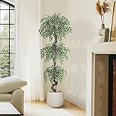 GarveeHome Artificial Ficus Tree for Home Decor Indoor,6 ft Faux Floor Tree White Imitation Ceramic Planter, Indoor Outdoor Lifelike Fake Ficus Tree with Pebbles & Green Fake Moss for Office