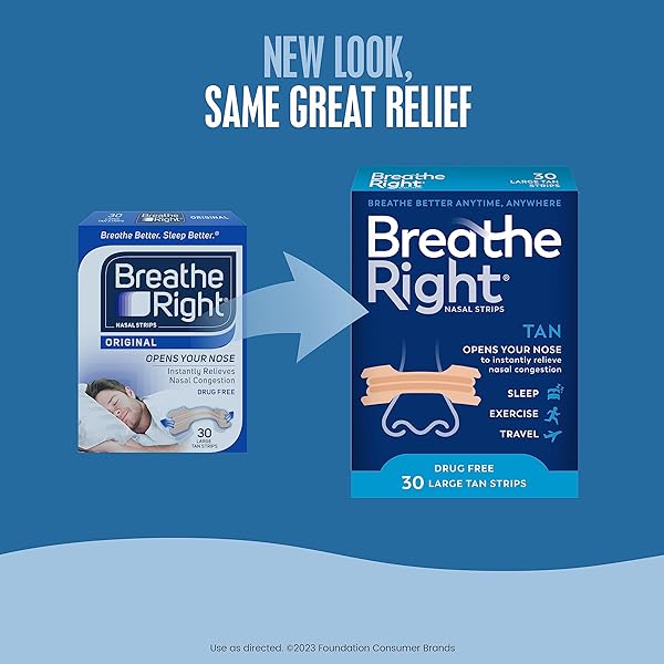 BREATHE RIGHT ORIGINAL NOSE STRIPS TO REDUCE SNORING AND RELIEVE NOSE CONGESTION, TAN, 30 COUNT (PACKAGING MAY VARY)