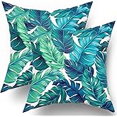 Sweetshow Tropical Leaves Pillow Covers 16x16 Inch Summer Decorative Green Palm Leaf Throw Pillow Covers Set of 2 Soft Cotton Pillow Case Square Cushion Covers for Home Couch Sofa Patio Bedroom
