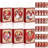 Trandraft 24 Pcs Vintage Valentine's Day Gift Bags with Handle Retro Valentines Love Heart Kraft Paper Goodie Bags for Valentines Treats Goody Holiday Party Supplies Favors (Characters)