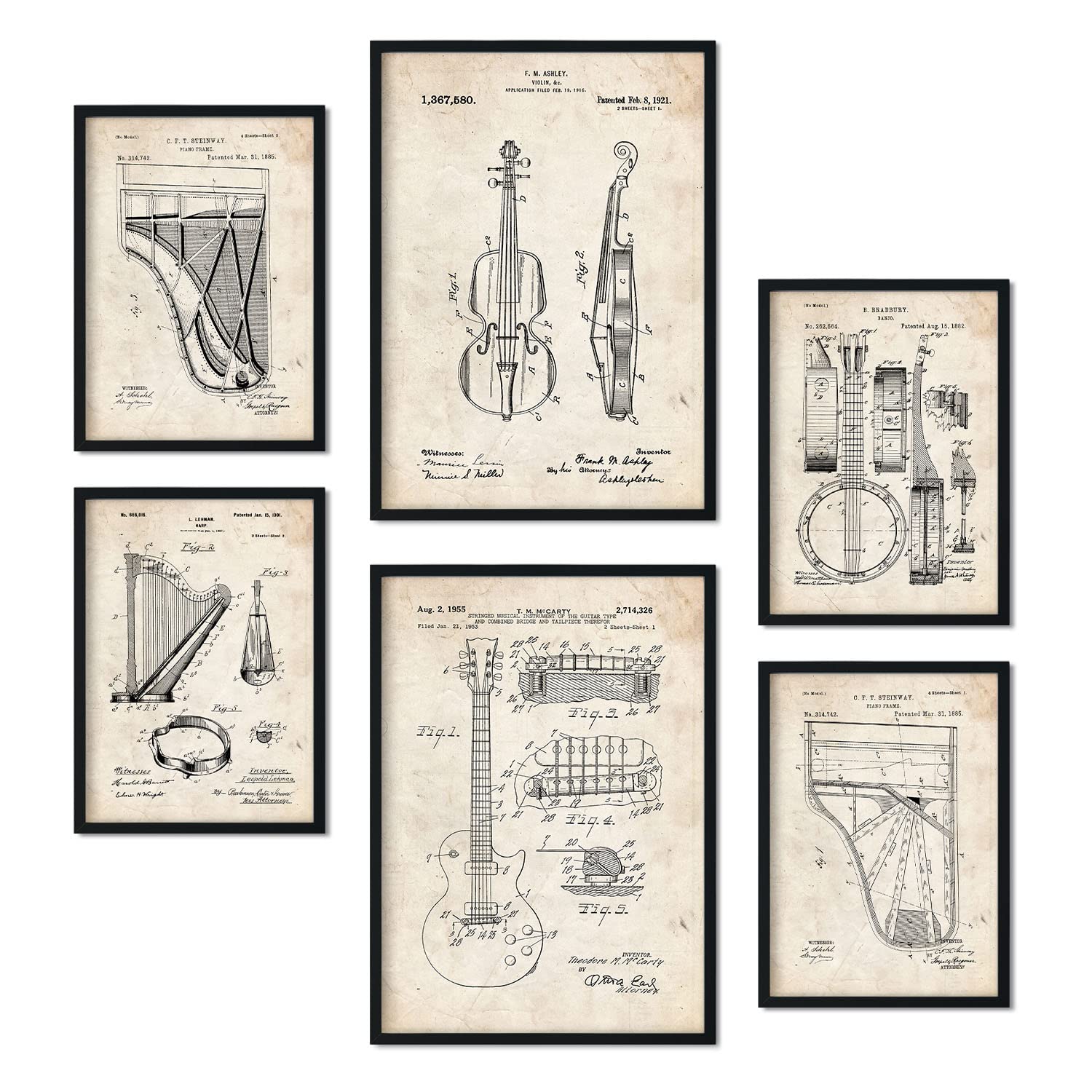 Nacnic Set of 6 String Instrument patent prints. Posters with retro patent illustrations for your home, shop, office... Vintage style interior decoration. A4 and A3 sizes. No frame.