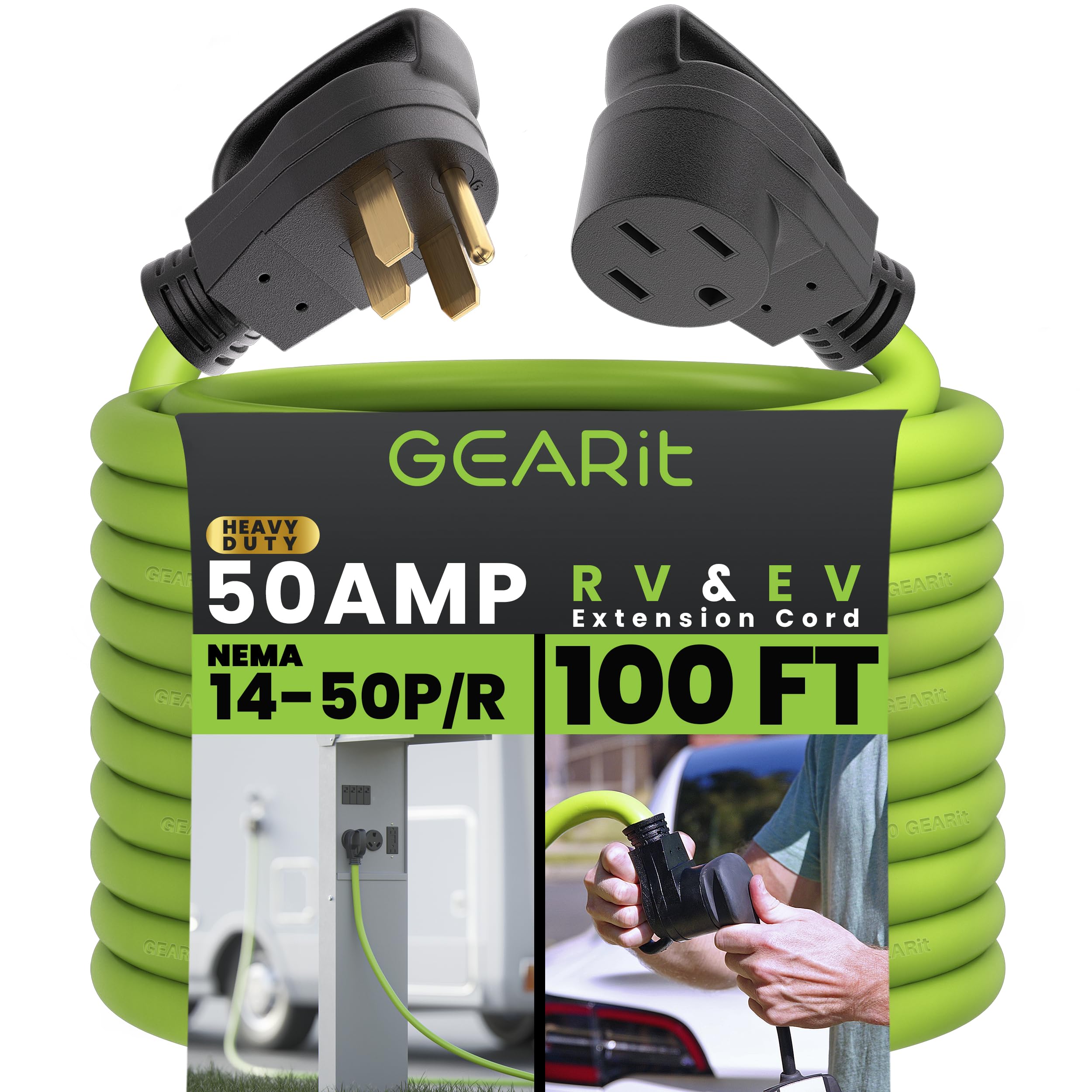 Photo 1 of GearIT 50-Amp Extension Cord for RV and EV (100 Feet) 4-Prong 250-Volt, Tesla Model 3/S/X/Y, NEMA 14-50P to 14-50R 6/3, 8/1 STW AWG Gauge Outdoor Auto Power Cord