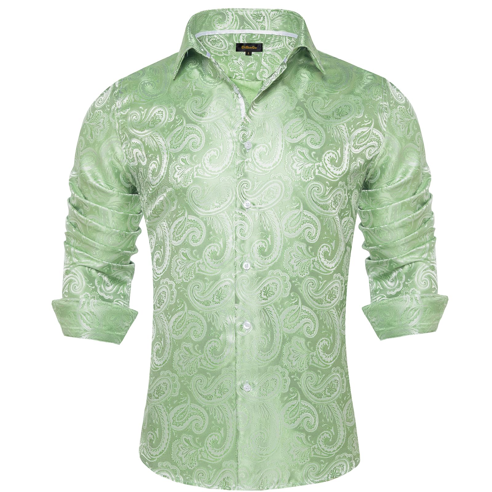 DiBanGu Mens Silk Paisley Dress Shirts,Long Sleeve Button Down Shirt Casual Regular Fit Shirt for Men Wedding Party, Light Green, XX-Large Image