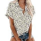 Rapbin Women's Button Down Shirt Short Sleeve Casual Blouse Shirts V Neck Collared Tops