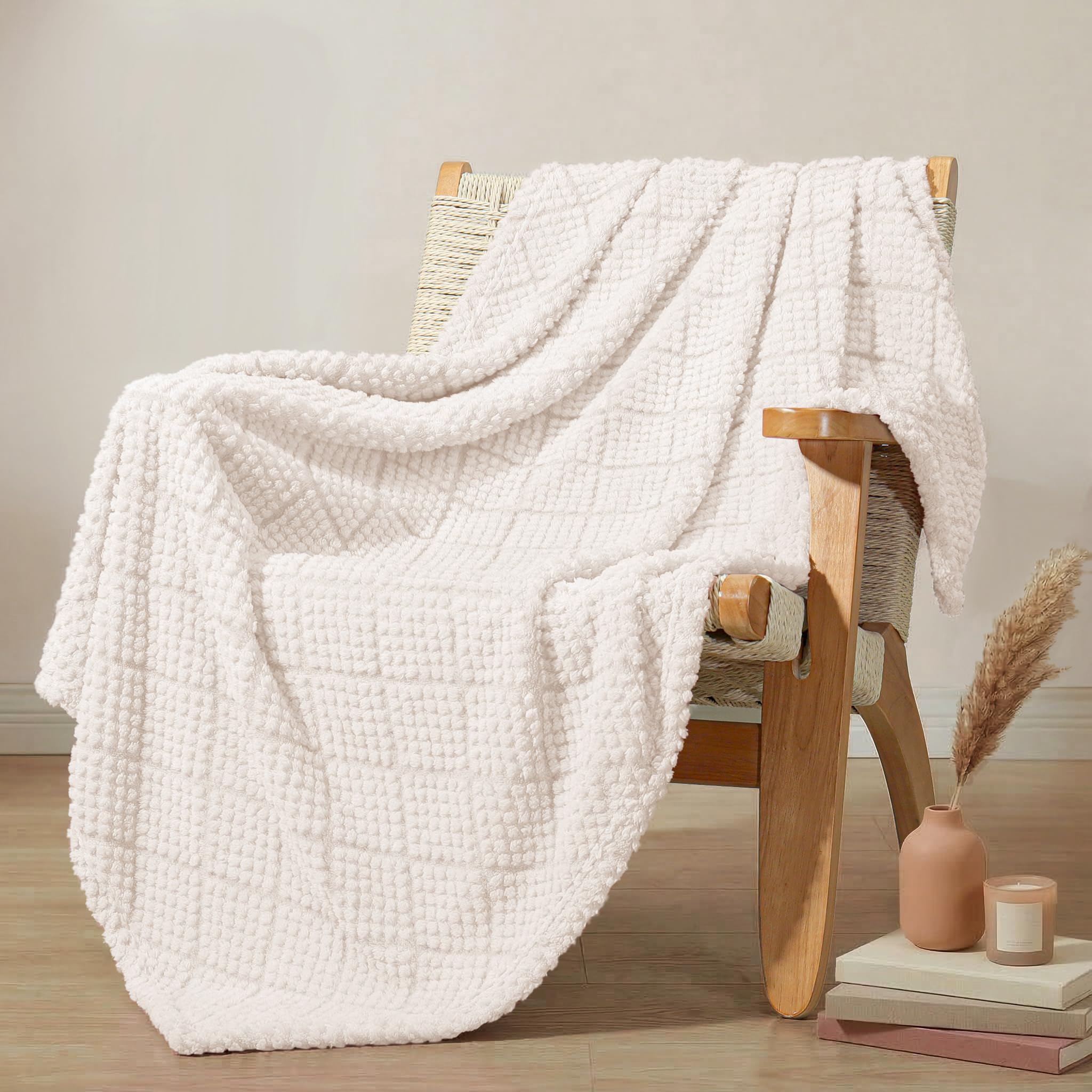 Whale Flotilla Fuzzy Fleece Throw Blanket for Sofa, Couch, Bed, 130x150 CM Soft Fluffy Jacquard Waffle Blankets for All Season, Lightweight and Warm, Ivory