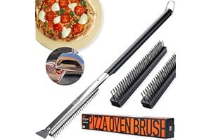 OUII 26'' Pizza Oven Brush with Stone Scraper - Includes 3 Brush Heads, Heat-Resistant Silver Stainless Steel Bristles - Long Grip Handle, Compatible with Ooni, Gozney, Blackstone, Solo Stove Ovens