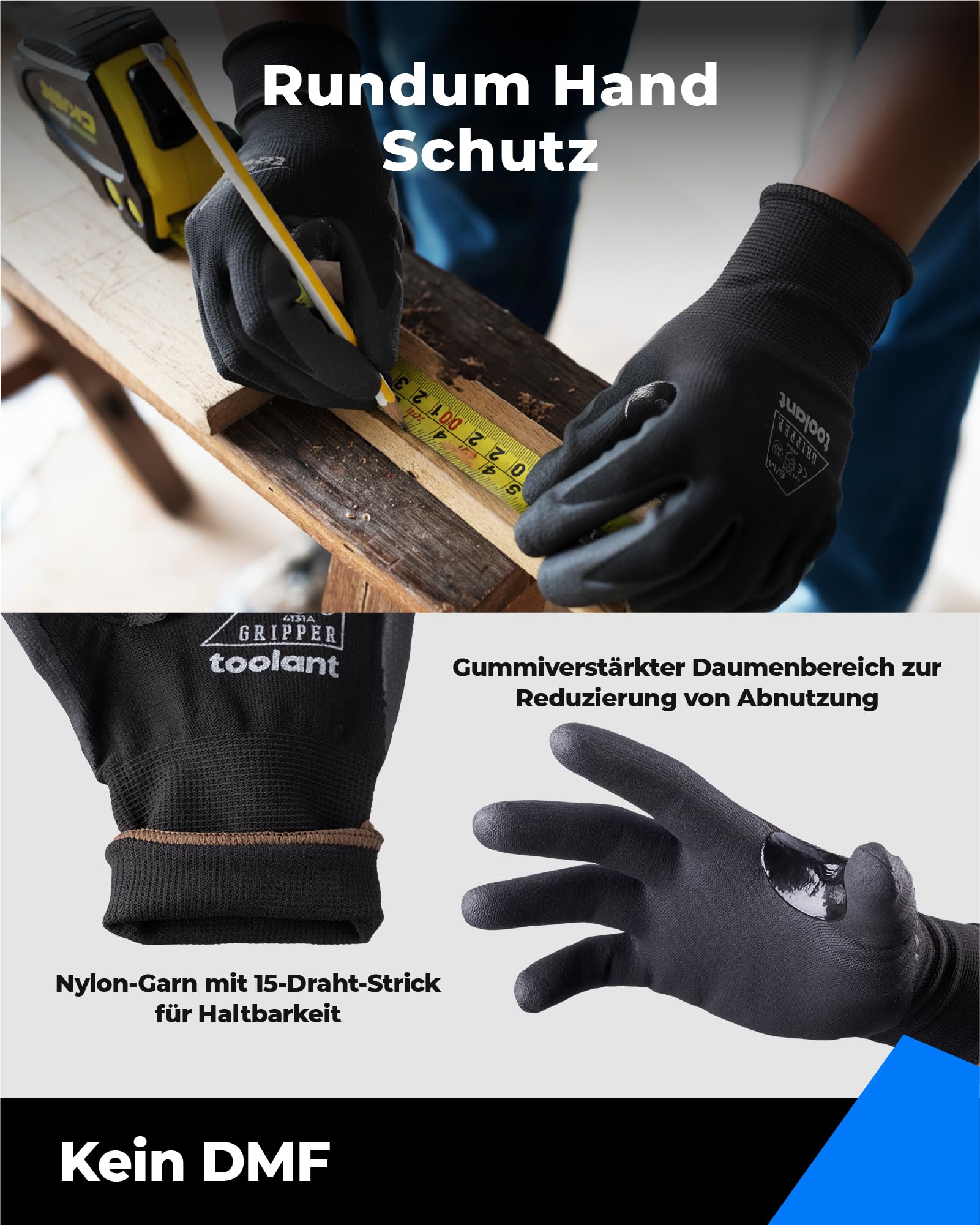 toolant Nitril-Arbeitshandschuhe mit MicroFoam-Beschichtung, atmungsaktives Nylon, rutschfester Griff, touchscreenfähig, ideal für Garten, Lager & Automobil, Schwarz (L, 6 Paar) 5