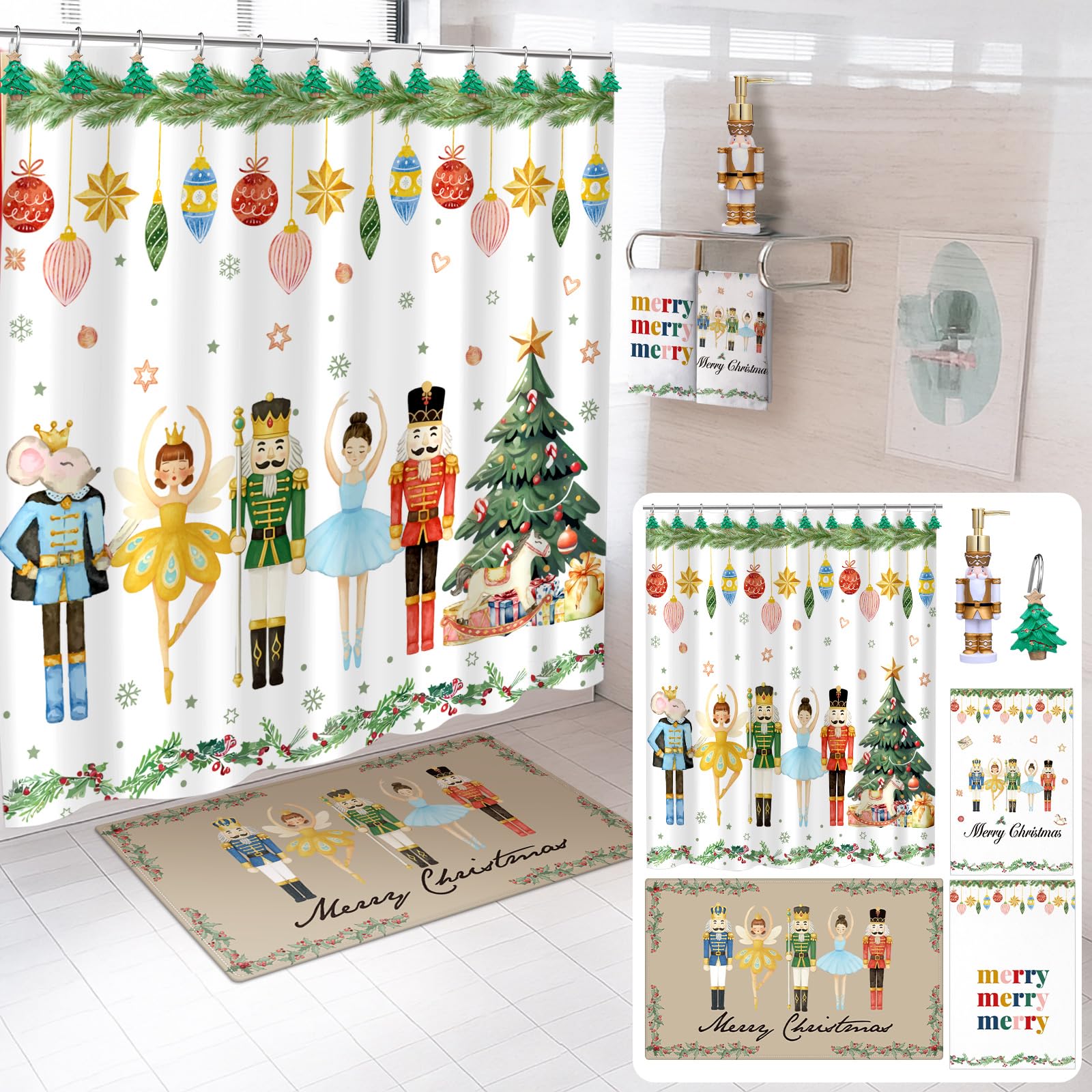 Photo 1 of 17 Pcs Christmas Nutcracker Bathroom Decoration Set Include Shower Curtain with 12 Hooks & Soap and Lotion Dispenser Non Slip Bath Mat Rug 2 Cotton Towels for Holiday Xmas Gifts Decor Accessories