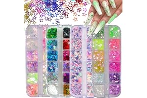 LoveOurHome 4 Boxes Iirdescent Aurora Nail Glitter Powder Hographic Star Heart Flower Nails Flakes Confetti Sequins Manicure Accessories for Resin Crafts Makeup Nails