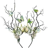 MOSTORY Green Flower Branch Headband - Handmade Tree Hairband with Butterfly Woodland Headband Floral Forest Crown for Women Renassance Renfaire Woodland Costume Cosplay Photoshoot