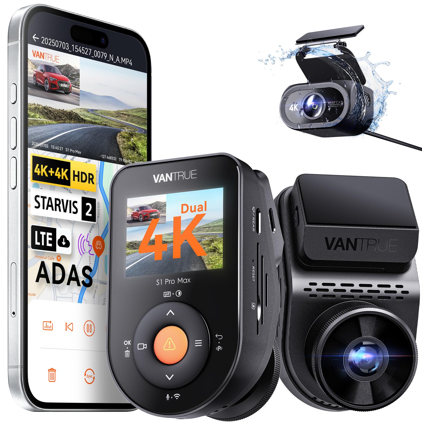 Vantrue S1 Pro Max AI Dash Cam 4K+4K w/ADAS & BSD, Dual STARVIS 2 Dash cam Front and Rear, 2 Channel HDR Dashcam, PlatePix Night Vision, 5G WiFi, Voice Control, GPS, 24H Buffered Parking Mode, 1TB Max