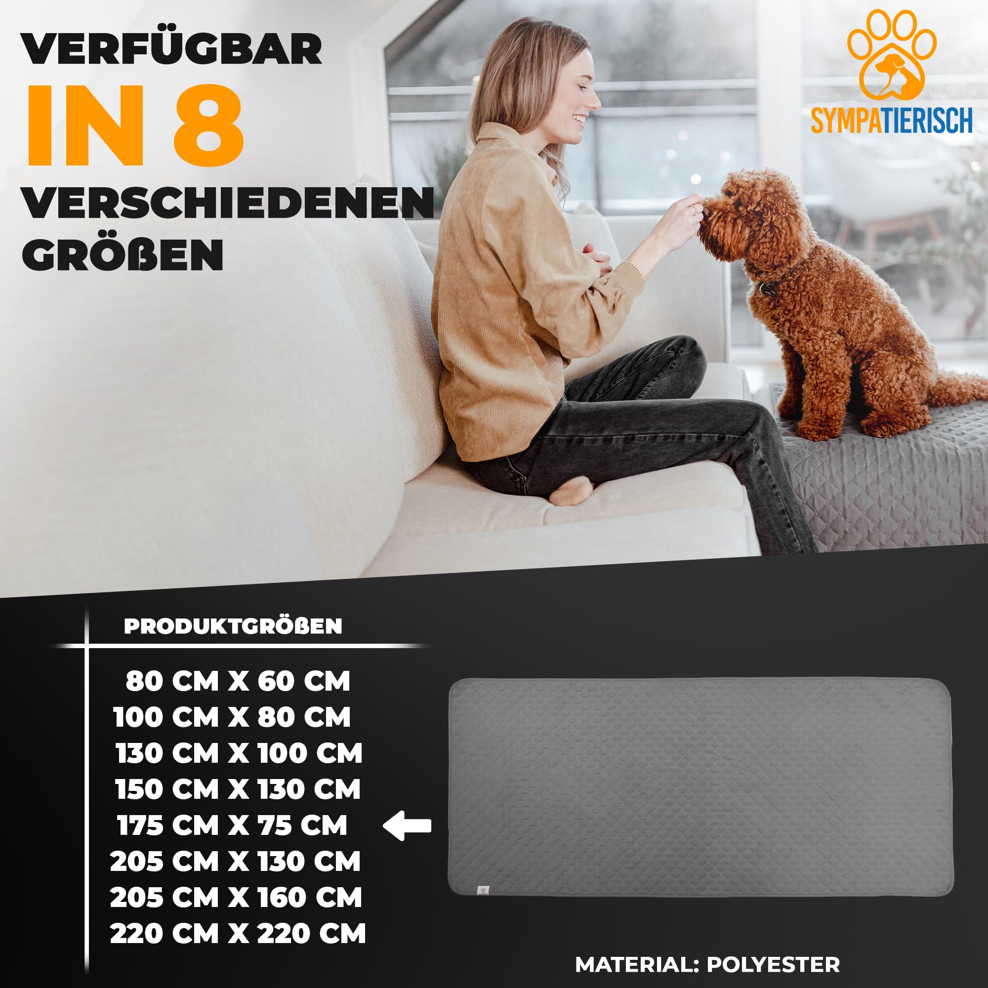 SympaTierisch wasserdichte Hundedecke - Robuste Hundematte als Schutz fürs Sofa - große rutschfeste Hundedecke für Hunde & Katzen geeignet - in der Waschmaschine waschbar - 175 x 75 cm - grau 7