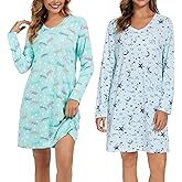 Kabento 2 Pack Long Sleeve Nightgowns for Women Soft Cotton Night Gowns Sleepwear V Neck Nightshirts