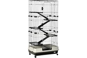 PawHut 6-Level Small Animal Cage Rabbit Hutch with Wheels, Removable Tray, Platform and Ramp for Bunny, Chinchillas, Ferret, Black