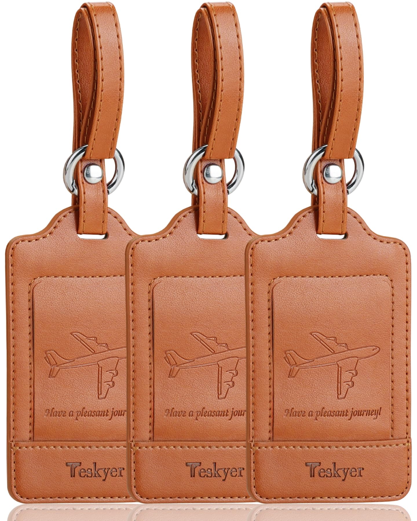 Teskyer Pack of 3 Luggage Tags, PU Leather Luggage Tags for Suitcases, Luggage Labels with Name ID Card, Noticeable, Durable, Travel Accessories, Brown