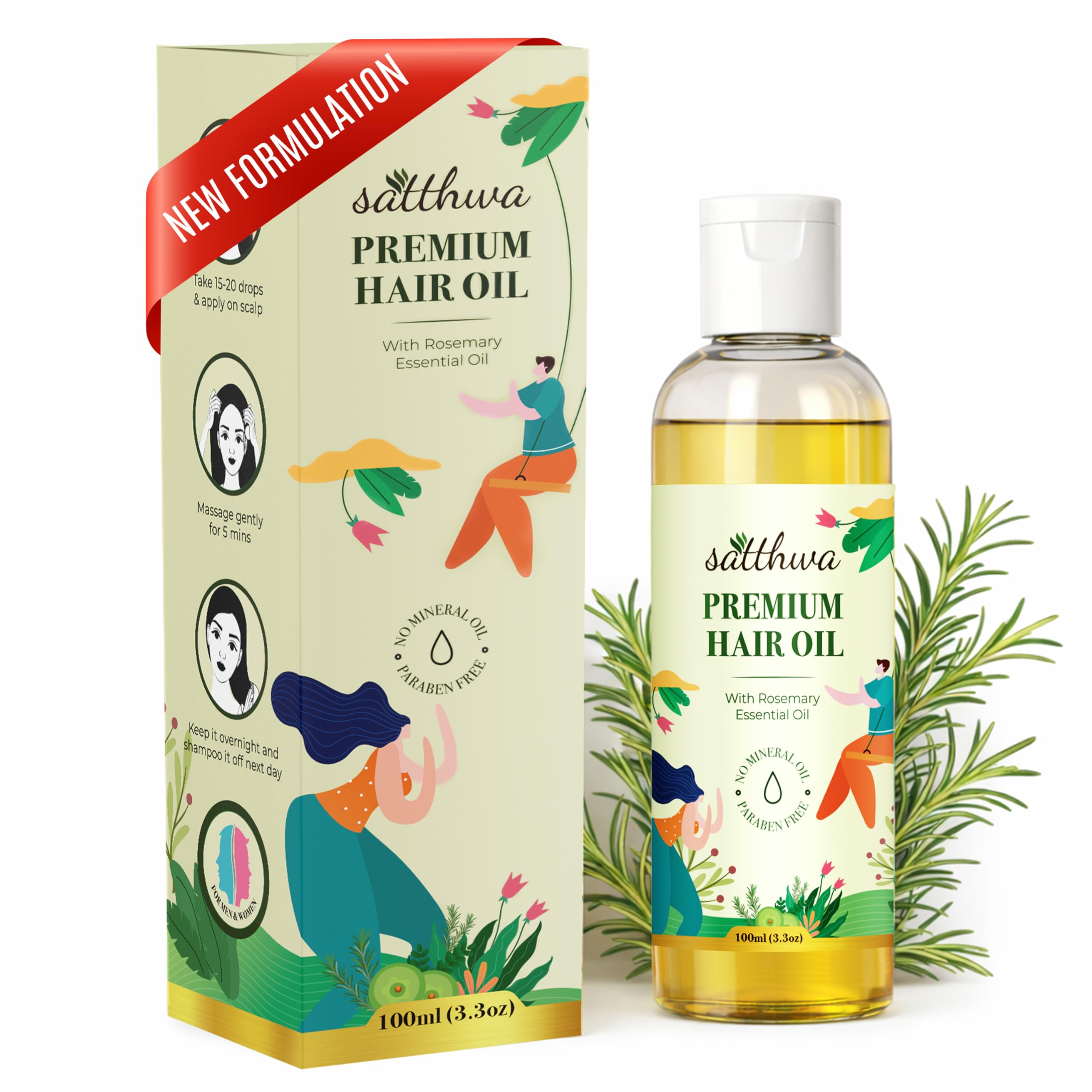 Satthwa Premium Hair Oil with Rosemary | 9-Oil Blend | Minimises Hair Fall | Supports Hair Growth & Boost Density | Fights Dandruff | Paraben Free | 100ml | 3.3oz