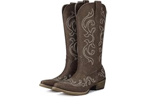 HISEA Rollda Cowboy Boots for Women Western Cowgirl Boots with Chunky Heel Ladies Snip Toe Mid-Calf Boots
