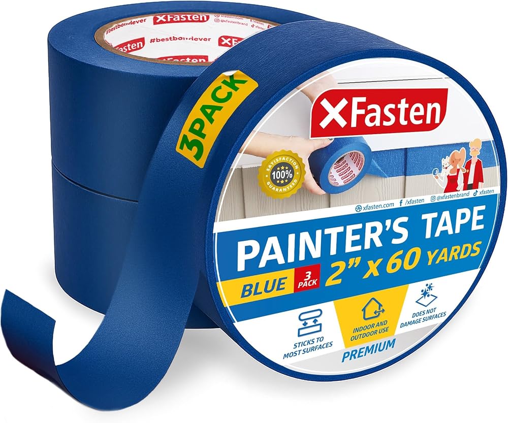 XFasten Professional Blue Painters Tape 2 Inch x 60 Yards 3-Pack Residue Free