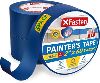 XFasten Professional Blue Painters Tape 2 Inch x 60 Yards 3-Pack Residue Free