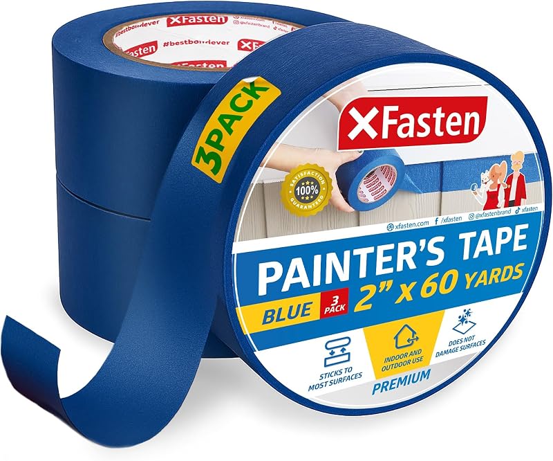 XFasten Professional Blue Painters Tape 2 Inch x 60 Yards 3-Pack Residue Free