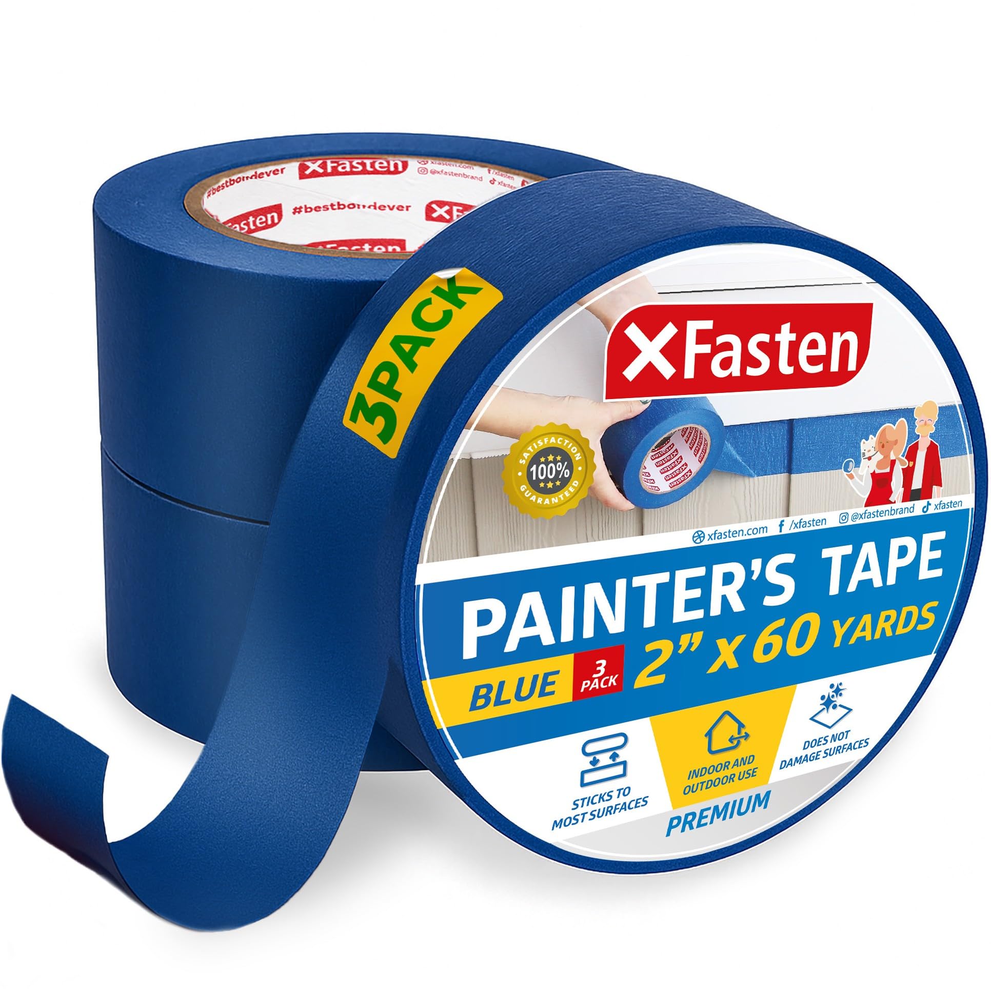 XFasten Professional Blue Painters Tape 2 Inch x 60 Yards (3-Pack) Bulk Blue Masking Tape for Painting Walls | Residue-Free