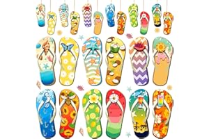 Purpeak 36 Pcs Summer Wood Hanging Ornaments Summer Flip Flop Wood Chip Hanging Tree Hanging Ornament Wood Tags Colorful Ornament for Birthday Party Anniversary Home Summer Decor, 12 Styles