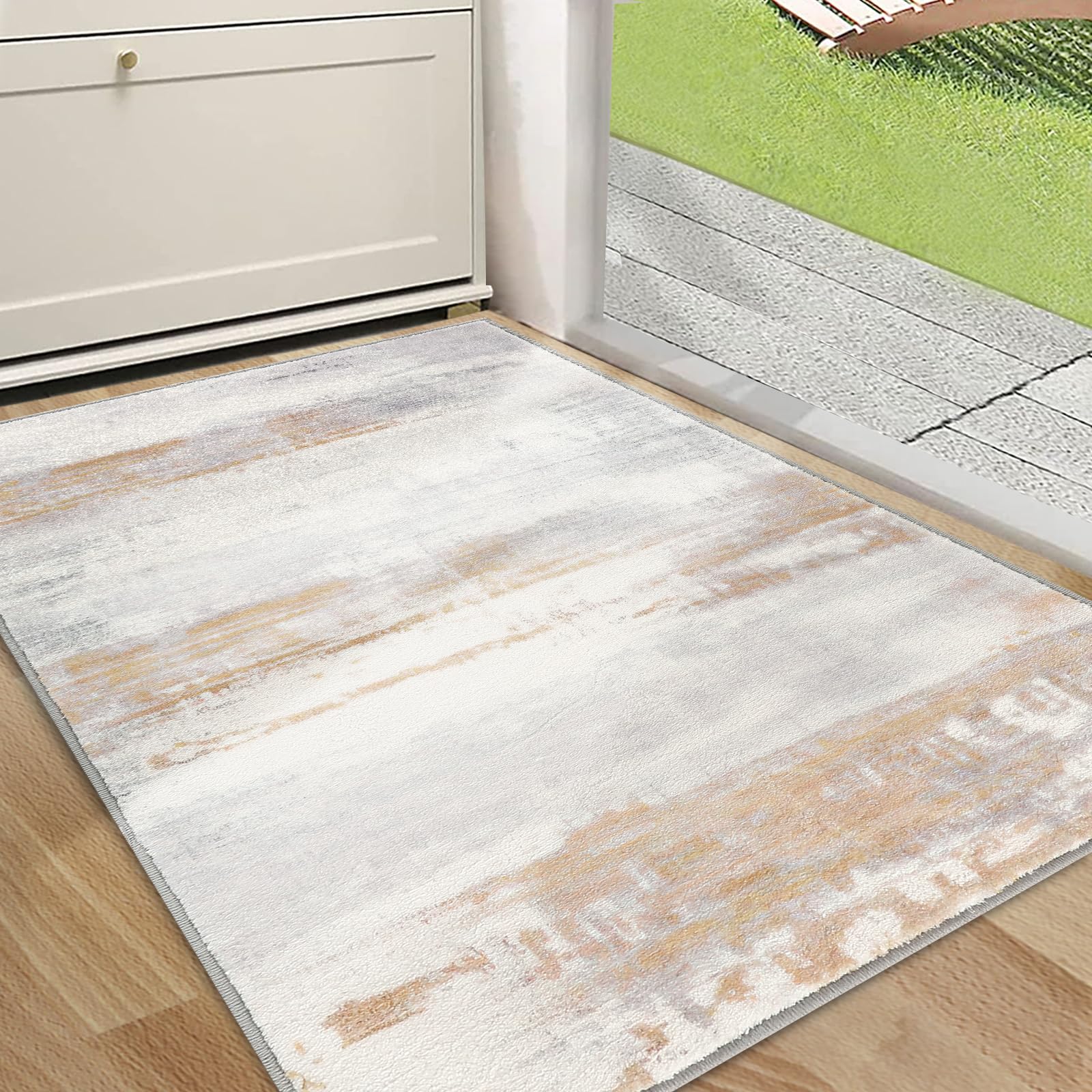 Photo 1 of Cristgee Door Mat, Front Indoor Door Mat Faux Wool Non-Slip Entryway Rug Absorbent Abstract Throw Rug for Indoor Entrance Hallway Laundry Room, High Traffic Areas, 36X60 Inches, Yellow Washable