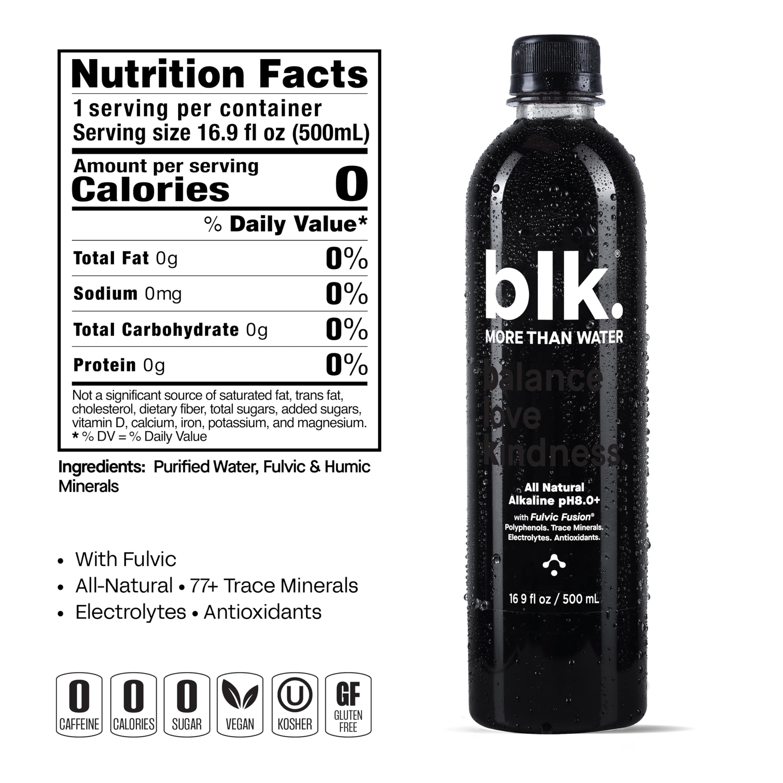 blk. Natural Mineral Alkaline Water, 16.9 oz. (500 mL), 12 Pack, 8 pH Water, Bioavailable Fulvic & Humic Acid Extract, Trace Minerals, Electrolytes to Hydrate, Repair & Restore Cells