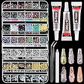 Nail Charms and Gems, Tucepu Nail Rhinestones Kit with 6 Boxes of Nail Gems, Colorful Clear Flatback Rhinestones 3D Charms for Nails, 3 Jewelry Glue