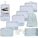Foxy Traveler 9 Set Packing Cubes - Suitcase Organizer, Cute Packing Cubes, Travel Bags Organizer for Luggage with Hanging Toiletry and Shoe Bag, Travel Essentials for Women, Men and Kids -Blue Flower