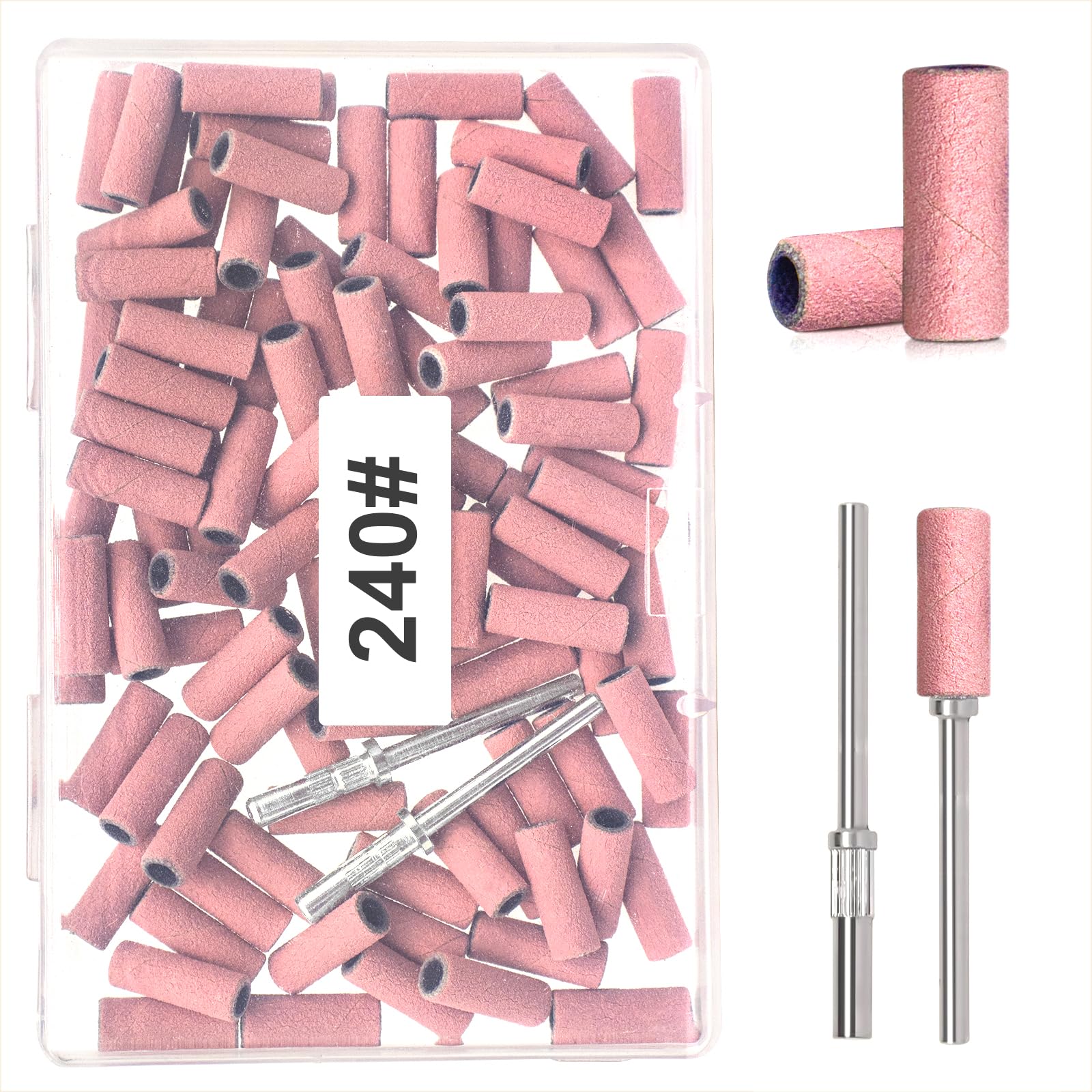 BLESWIN 100pcs Small Sanding Bands for Nail Drill Bit, 240 Fine Grit with 2pcs 3mm Drill Bits, Mini Grit Sanding Bands with Polishing Natural Nails and Cleaning Cuticle for Preparation, Pink — image 1