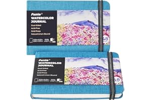Funto Watercolor Journal, 3.5x5.5, 2 Pack, 24 Sheets Each, Blue Cloth Cover, 110lb/230gsm, Suitable for Techniques and Mixed Media