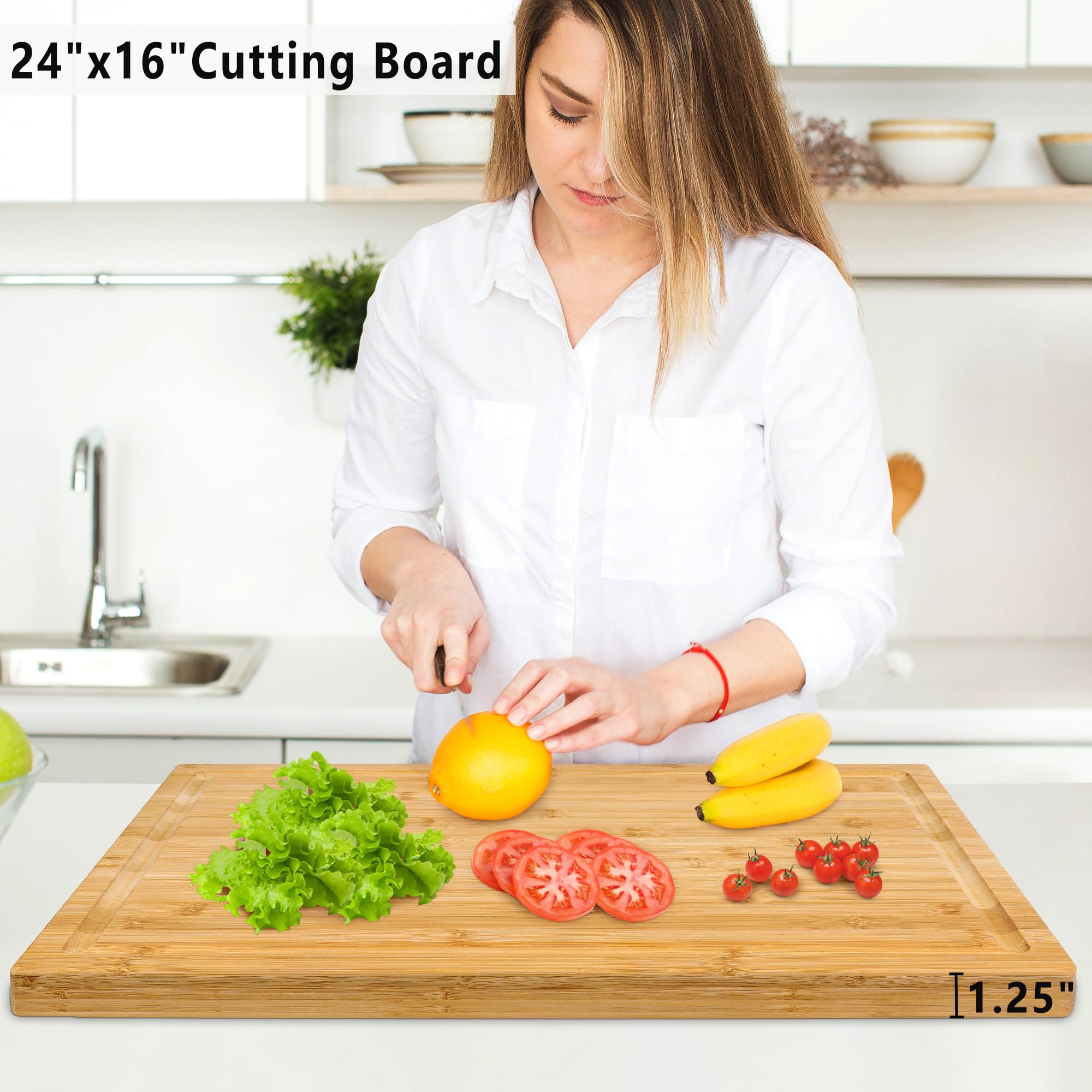Utoplike Extra Large XXXL Bamboo Cutting Board 24 x16 Inch, Largest Wooden Butcher Block for Turkey, Meat, Vegetables, BBQ, Over the Sink Chopping Board with Handle and Juice Groove, Thickness 1.25