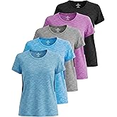 Real Essentials 5 Pack: Women's Short Sleeve T-Shirts Workout Tops Fitness Pilates Gym Activewear Athletic (Plus Available)
