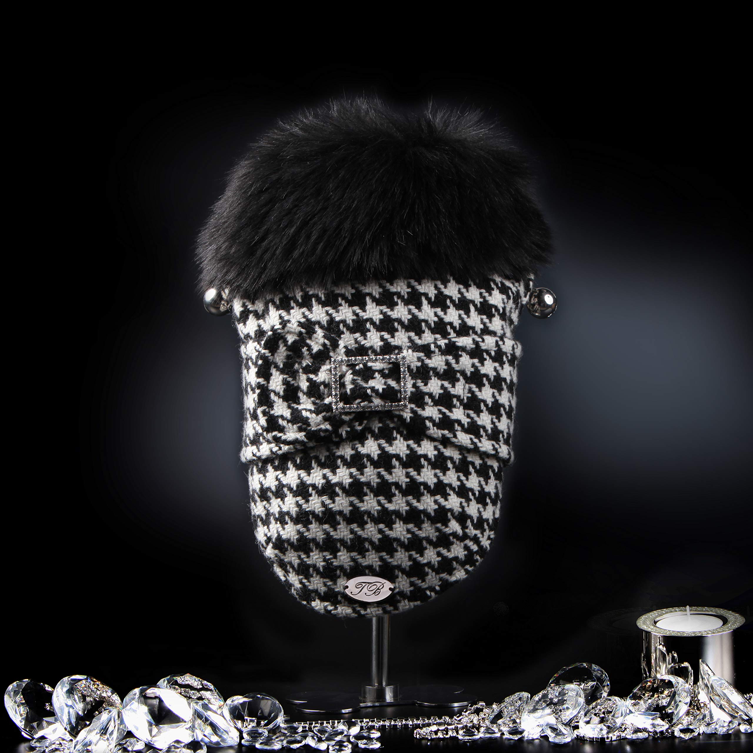 Trilly Tutti Brilli Natasha Houndstooth Pattern Coat with Faux Fur Collar and Rhinestone Brooch, XXS - 1 Product
