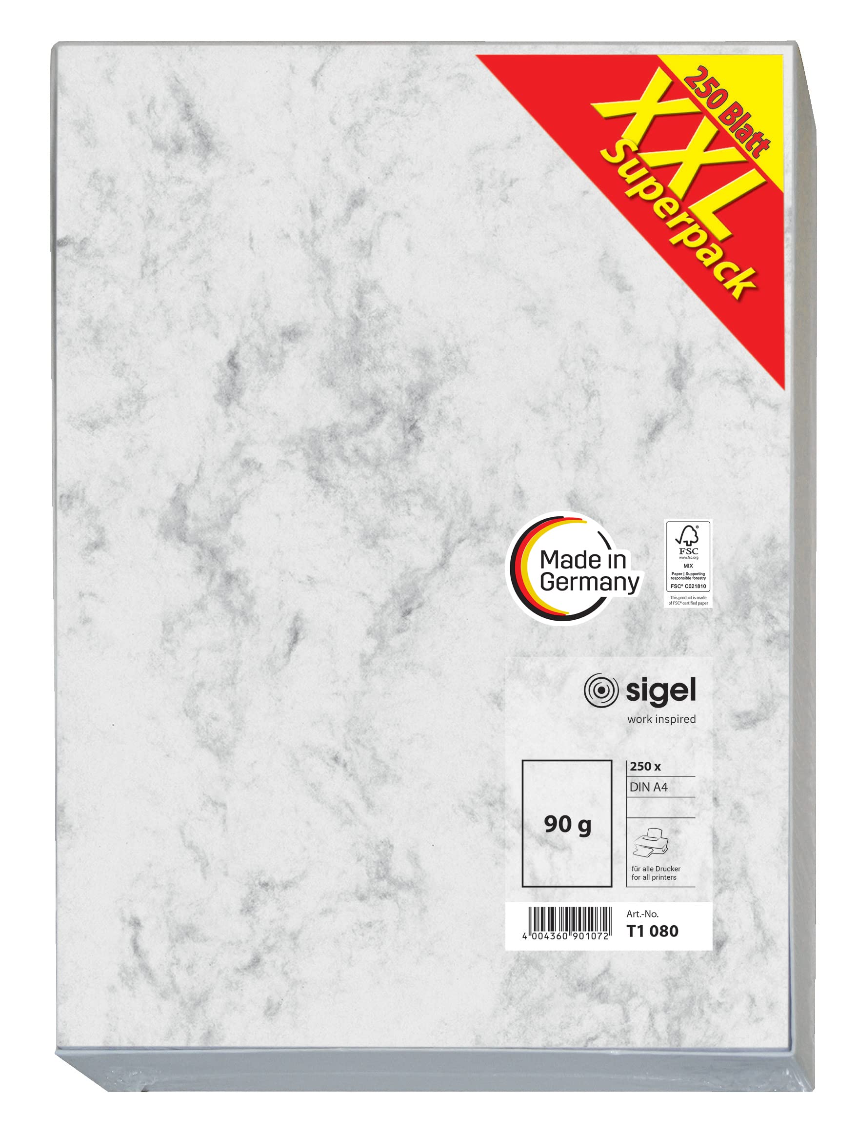 SIGEL T1080 Marbled Writing Paper, A4, 90 gsm double sided, Grey, 250 sheets