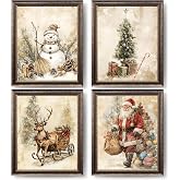 XUXUNLURY Vintage Christmas Wall Art Prints Unframed Set of 4, Neutral Christmas Wall Decor, Nostalgic Santa Reindeer Snowman Xmas Tree Winter Artwork Pictures for Home Living Room Bedroom, 8x10