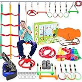 Ninja Warrior Obstacle Course for Kids Outside-Ninja Slackline 52ft with 11 Durable Obstacles-Climbing Net,Wheel, Warrior Gymnastics &amp; Monkey Bars,Slack Lines for Backyard for Kids.