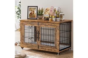 Lulive Dog Crate Furniture, Dog Kennel Indoor Double Doors Wooden Dog Cage, 38'' Heavy Duty Dog Crate with Cushion & Wheels, Decorative End Table Pet House Chew-Resistant for Large/Medium, Brown