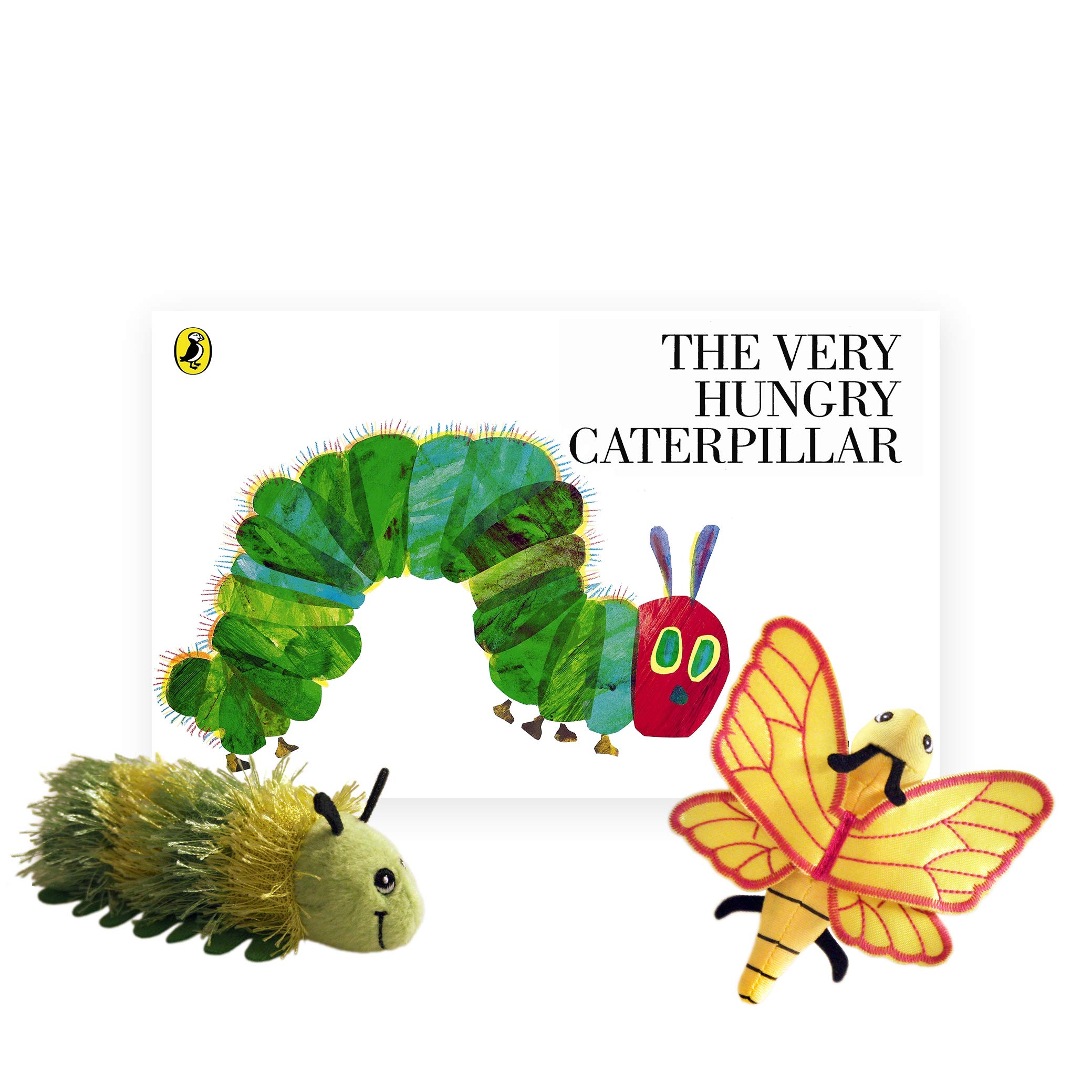 The Puppet Company The Very Hungry Caterpillar by Eric Carle - Children's Storybook and Finger Puppet Set (Caterpillar, Butterfly & Red Velvet Zip-Top Storage Bag with Clear Window)
